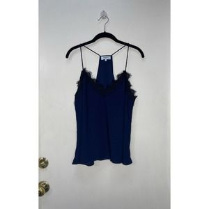 Navy blue tank blouse with black lace trim